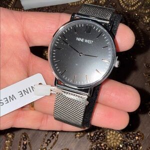 Nine West Men's Watch with Black Dial and Silver Mesh Band